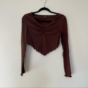 NWT in package shein brown lettuce hem v cut long sleeve top sz.L(8/10)